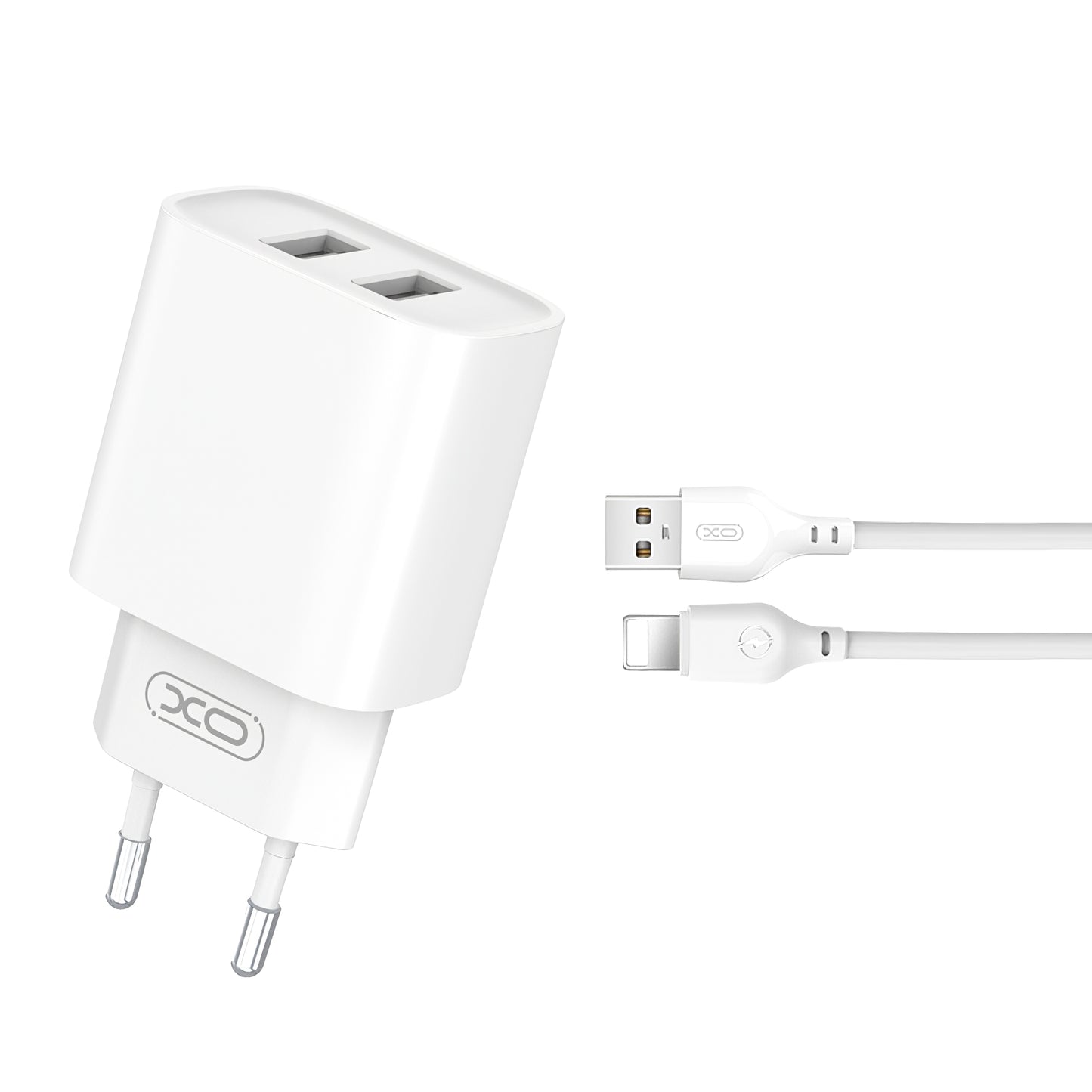 Chargeur réseau avec câble Lightning XO Design CE02C, 10,5W, 2,1A, 2 x USB-A, blanc