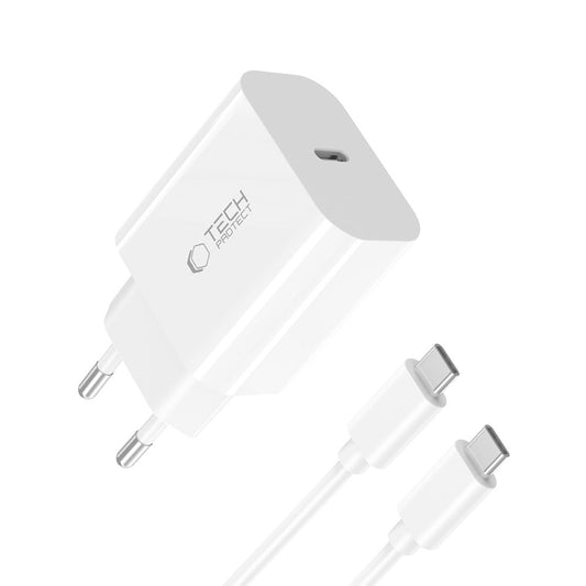 Chargeur réseau avec câble USB-C Tech-Protect NC20W, 20W, 3A, 1 x USB-C, Blanc