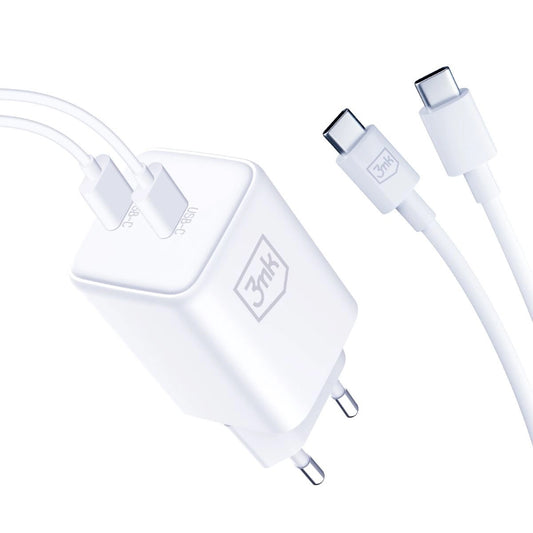 Chargeur réseau HyperCharger 3MK avec câble USB-C, 45W, 3A, 2 x USB-C, blanc