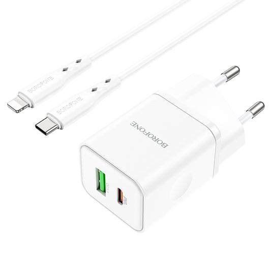 Chargeur réseau avec câble Lightning Borofone BN7, 20W, 3A, 1 x USB-A - 1 x USB-C, Blanc