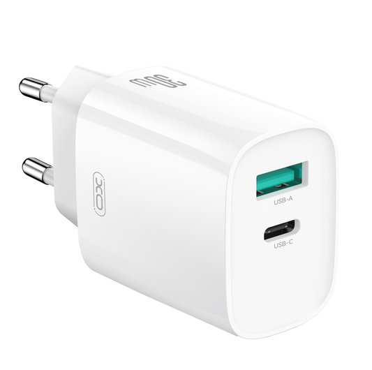 Chargeur réseau avec câble USB-C XO Design CE30, 30W, 3A, 1 x USB-A - 1 x USB-C, Blanc