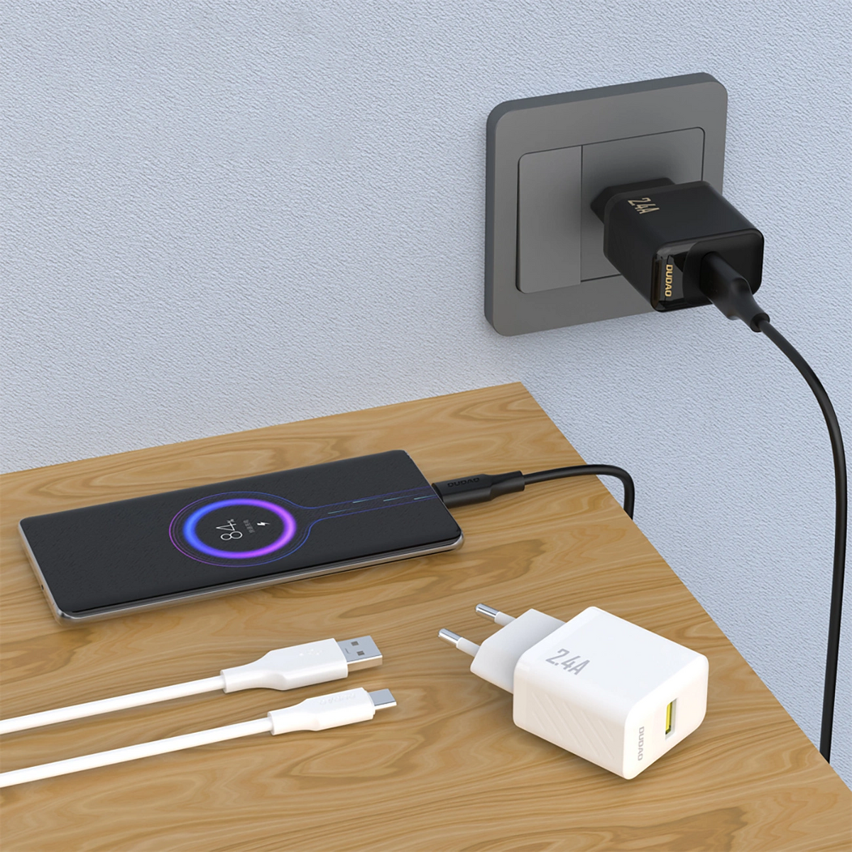 Chargeur secteur avec câble USB-C Dudao A23TEU, 12W, 2.4A, 1 x USB-A, Blanc