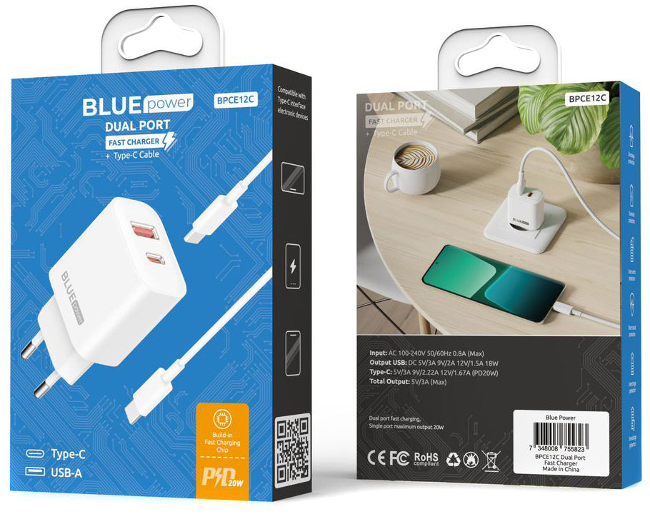 Blue Power BPCE12C Chargeur réseau avec câble USB-C BPCE12C, 20W, 3A, 1 x USB-A - 1 x USB-C, blanc