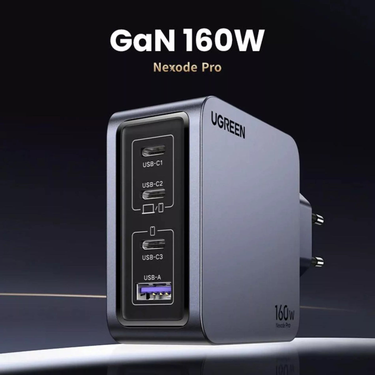 Chargeur réseau avec câble USB-C UGREEN X763 Nexode Pro, 160W, 3.25A, 1 x USB-A - 3 x USB-C, Gris