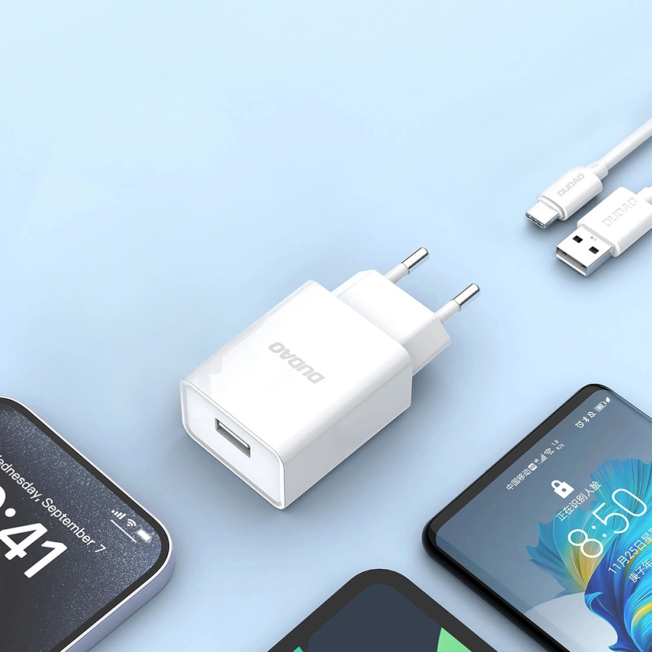 Chargeur réseau avec câble USB-C Dudao A4EU, 10W, 2.1A, 1 x USB-A, Blanc