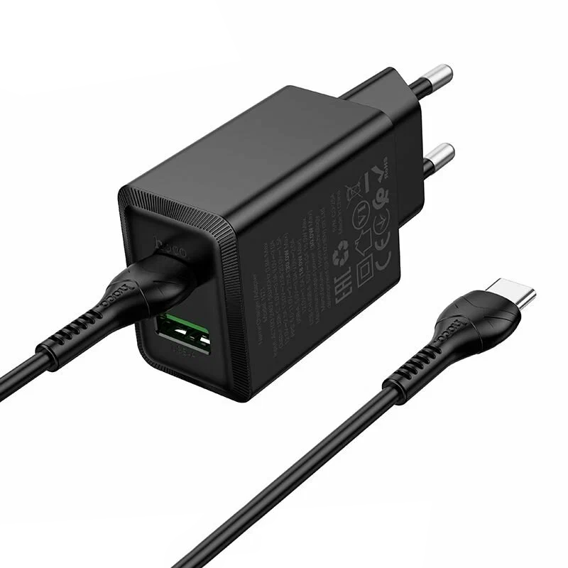 Chargeur réseau avec câble USB-C HOCO N71, 30W, 3A, 1 x USB-A - 1 x USB-C, Noir