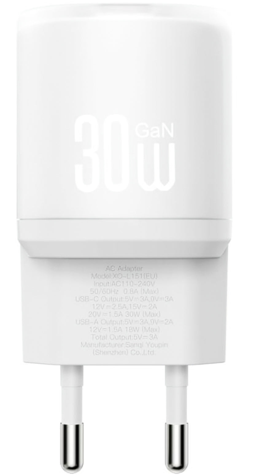 Network Charger with Lightning Cable XO Design L151, 30W, 3A, 1 x USB-A - 1 x USB-C, White