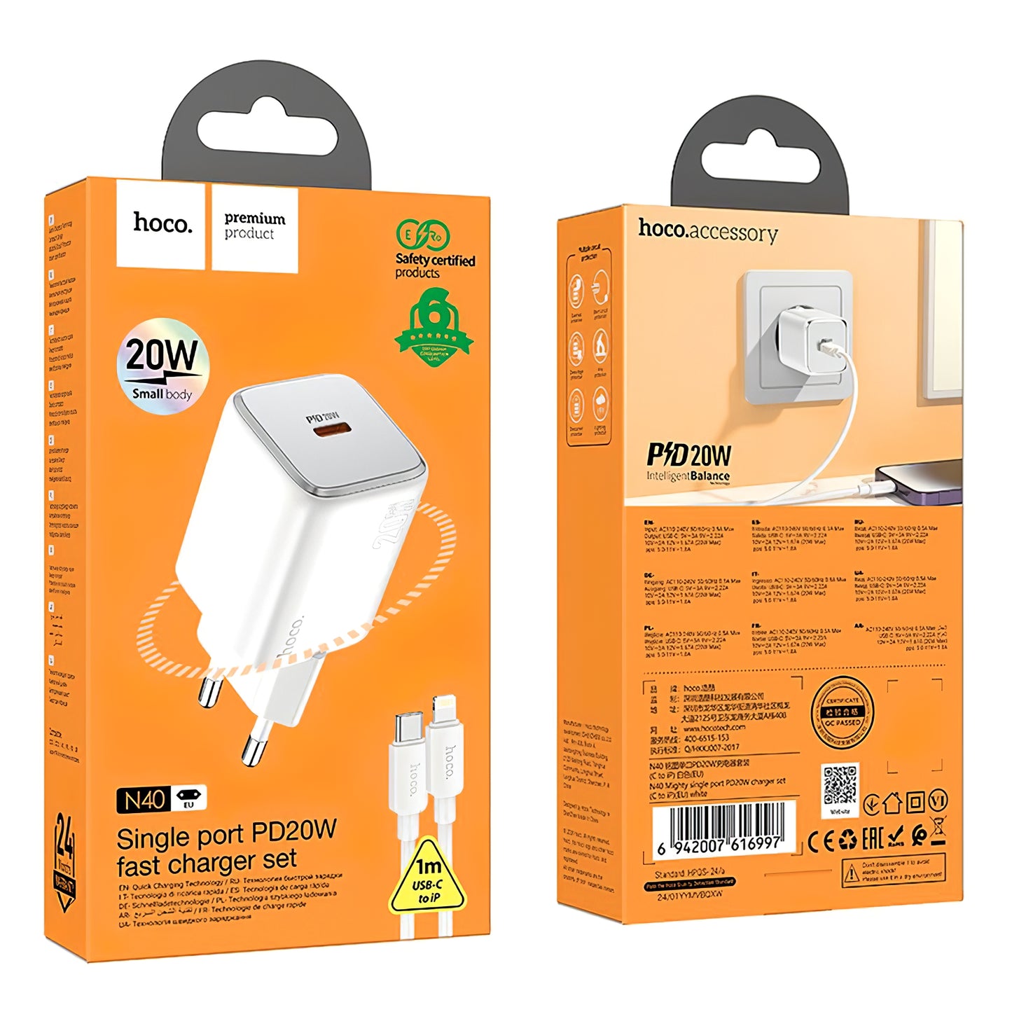 Chargeur réseau avec câble Lightning HOCO N40, 20W, 3A, 1 x USB-C, Blanc