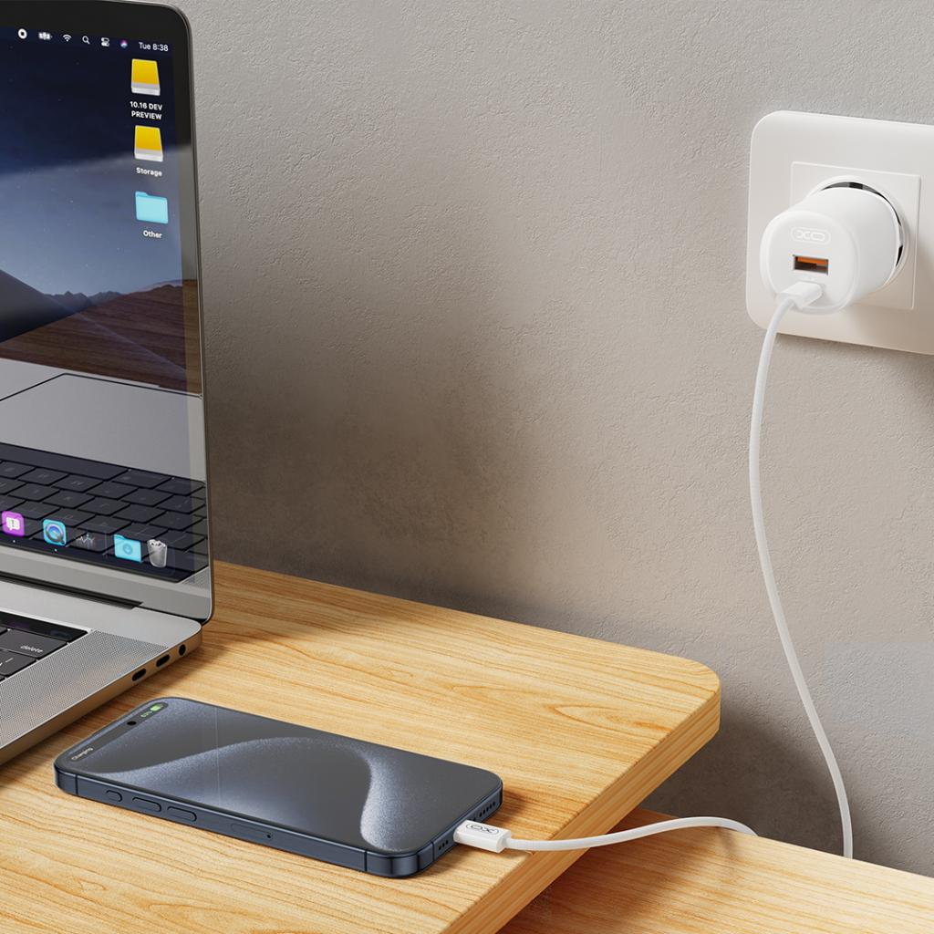 Chargeur réseau avec câble USB-C XO Design L151, 30W, 3A, 1 x USB-A - 1 x USB-C, Blanc
