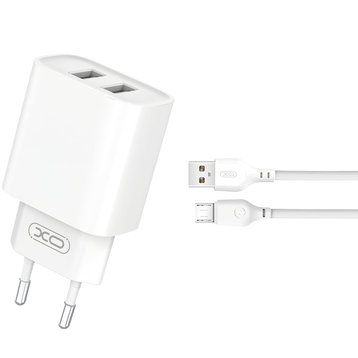 Chargeur réseau avec câble microUSB XO Design CE02C, 10,5W, 2,1A, 2 x USB-A, blanc