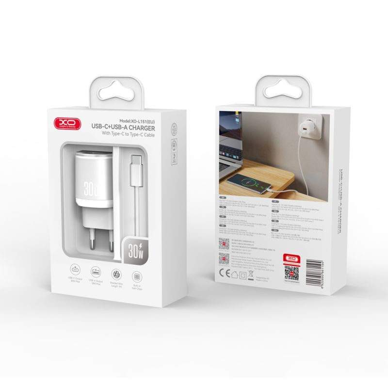 Chargeur réseau avec câble USB-C XO Design L151, 30W, 3A, 1 x USB-A - 1 x USB-C, Blanc