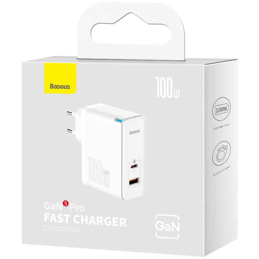 Chargeur Réseau avec Câble USB-C Baseus GaN5 Pro, 100W, 3A, 1 x USB-A - 1 x USB-C, Blanc CCGP090202