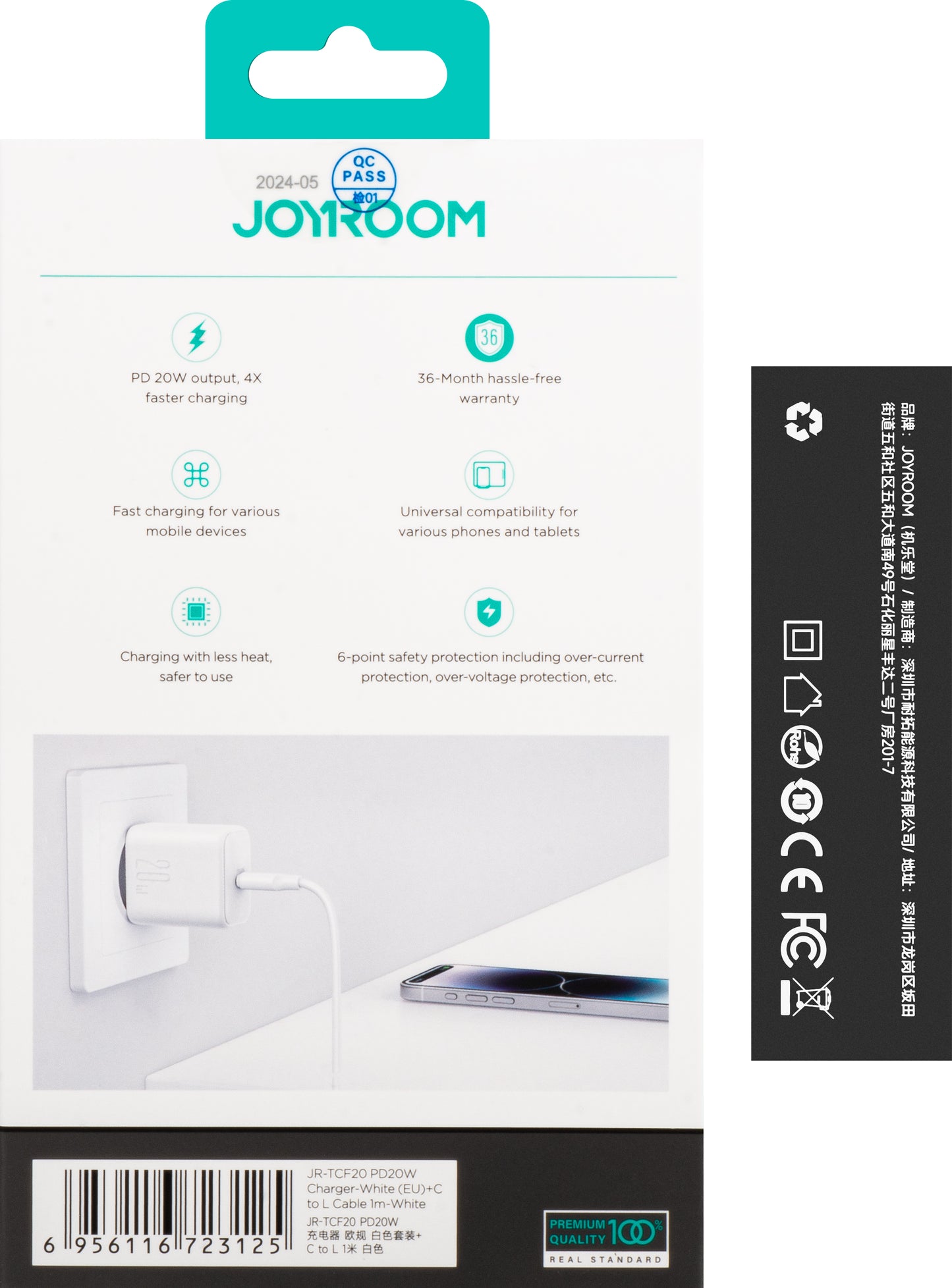 Chargeur réseau avec câble Lightning Joyroom JR-TCF20, 20W, 3A, 1 x USB-C, Blanc