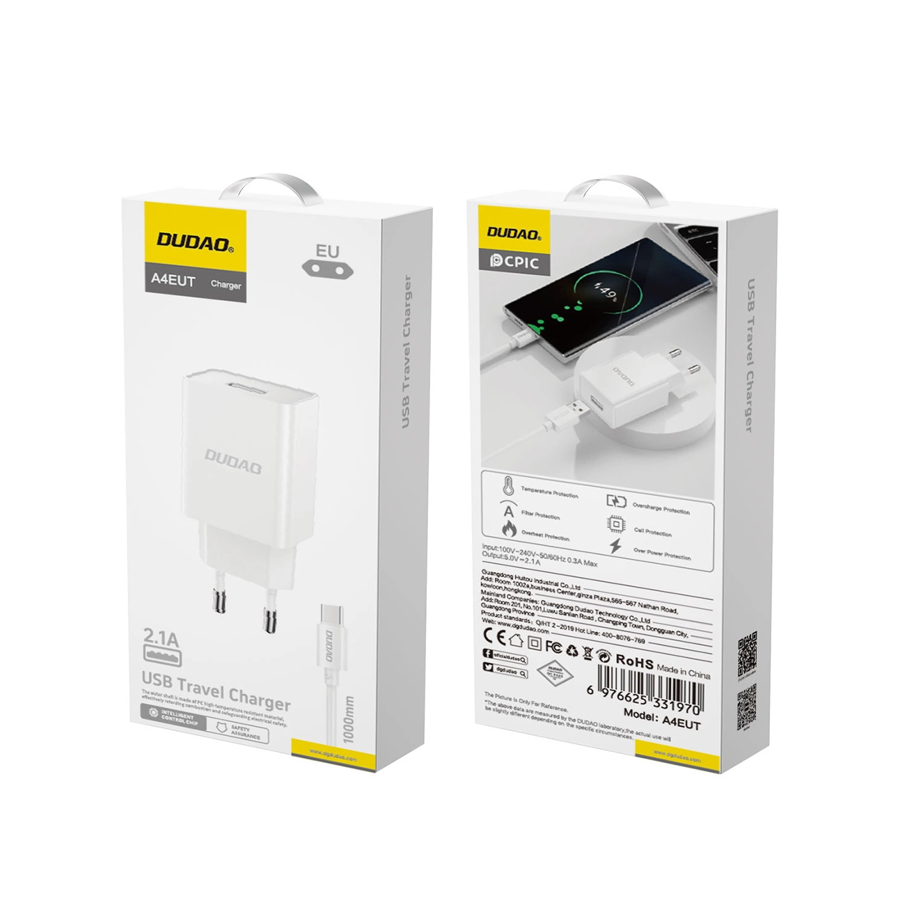 Chargeur réseau avec câble USB-C Dudao A4EU, 10W, 2.1A, 1 x USB-A, Blanc