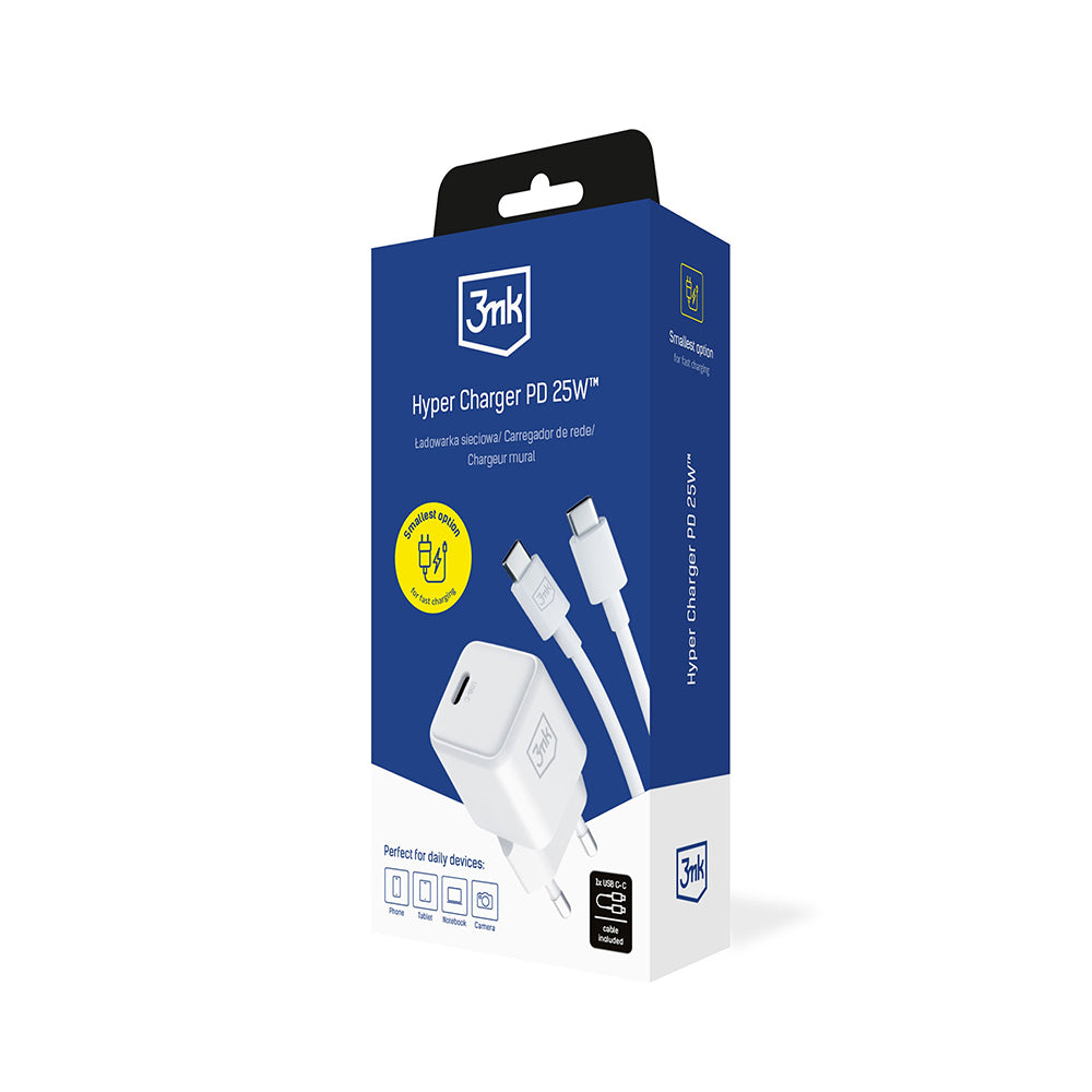 Chargeur réseau avec câble USB-C 3MK Hyper, 25W, 3A, 1 x USB-C, Blanc