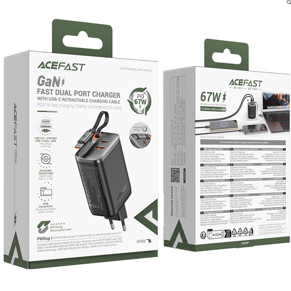 Chargeur réseau avec câble USB-C Acefast A111, 67W, 3A, 1 x USB-A - 1 x USB-C, Noir