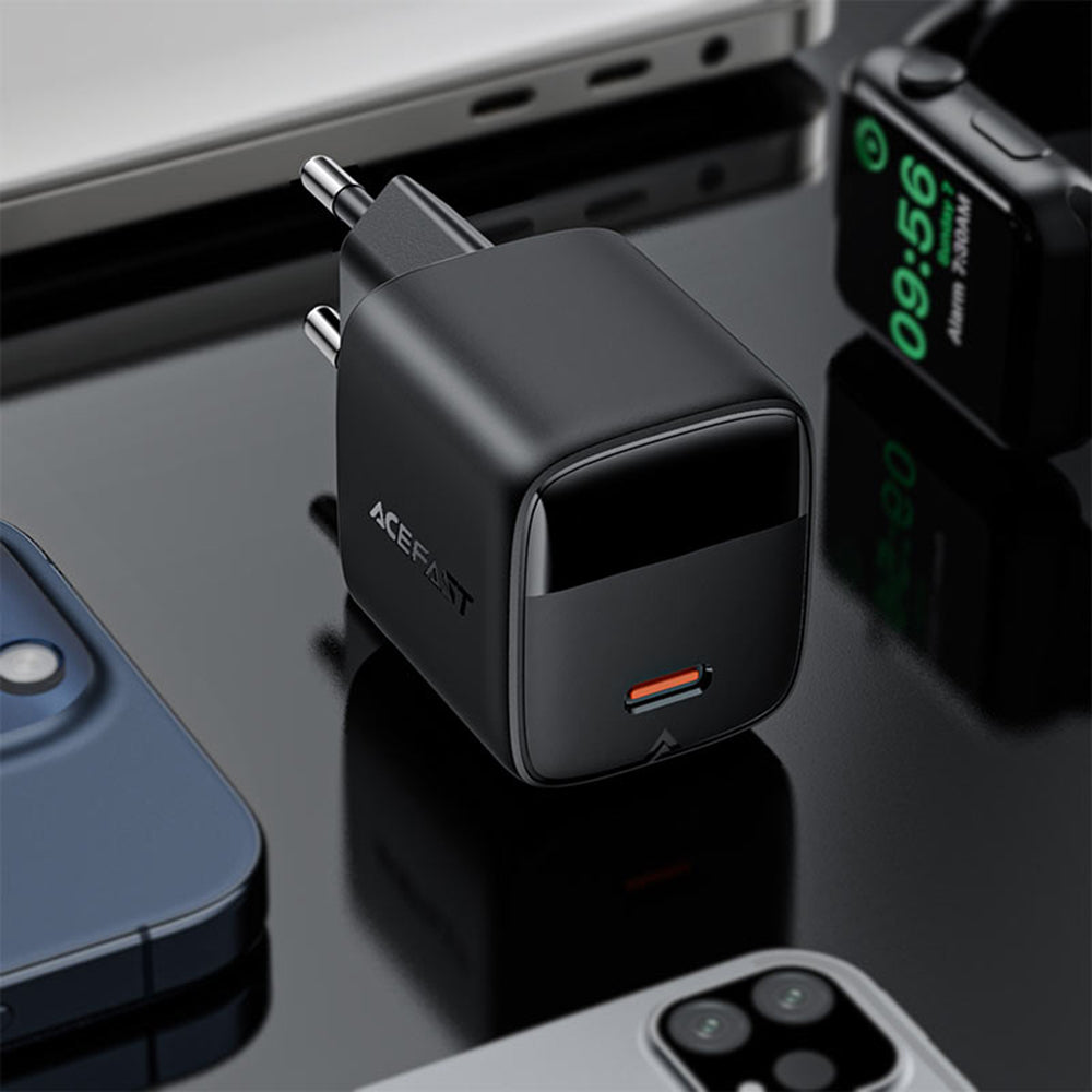 Chargeur réseau avec câble USB-C Acefast A115 Display, 30W, 3A, 1 x USB-C, Noir
