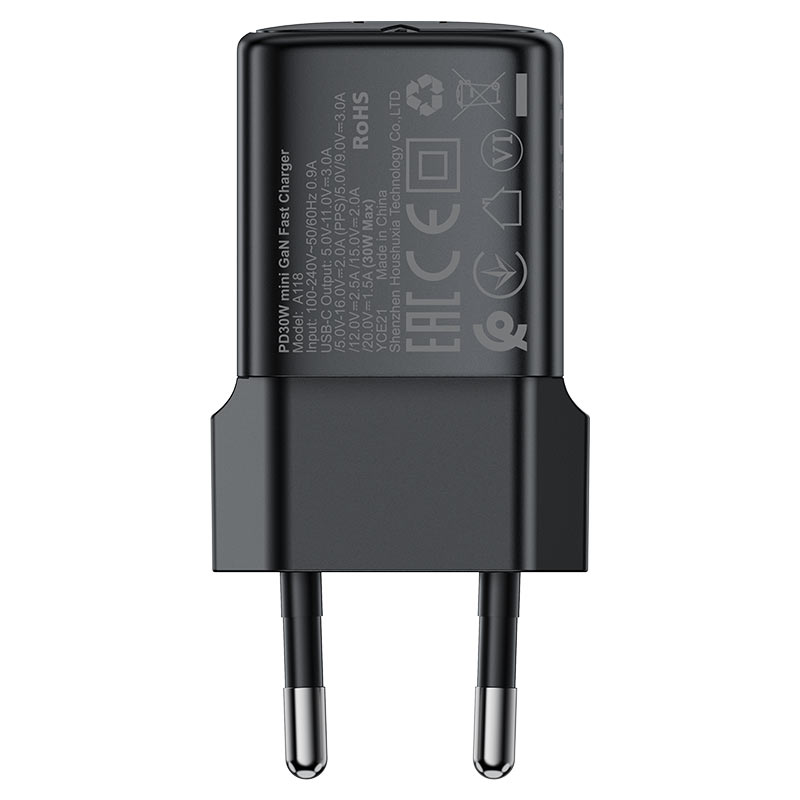 Chargeur réseau avec câble USB-C Acefast A118, 30W, 3A, 1 x USB-C, Noir