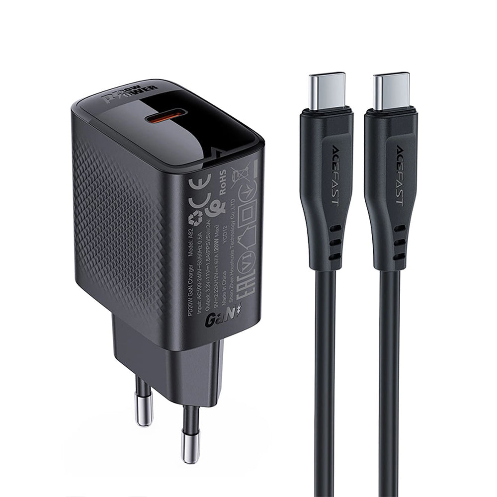 Chargeur réseau avec câble USB-C Acefast A82, 20W, 3A, 1 x USB-C, Noir