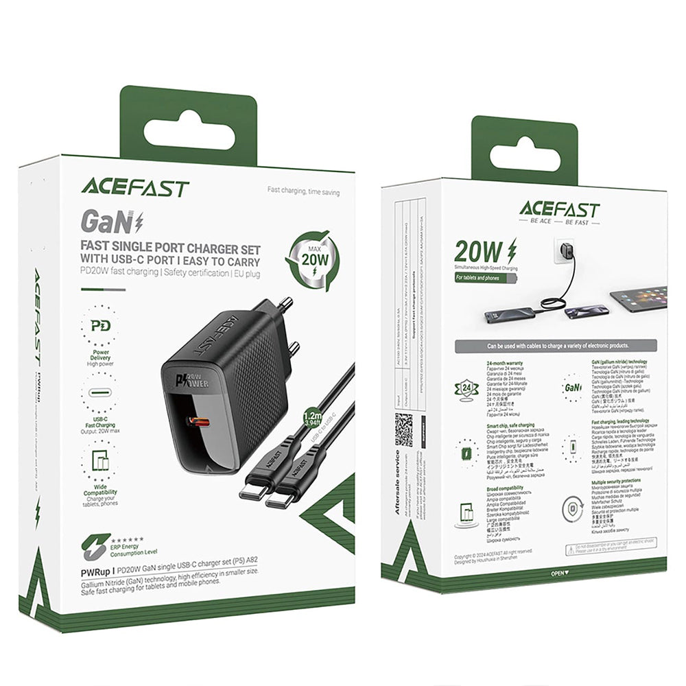 Chargeur réseau avec câble USB-C Acefast A82, 20W, 3A, 1 x USB-C, Noir
