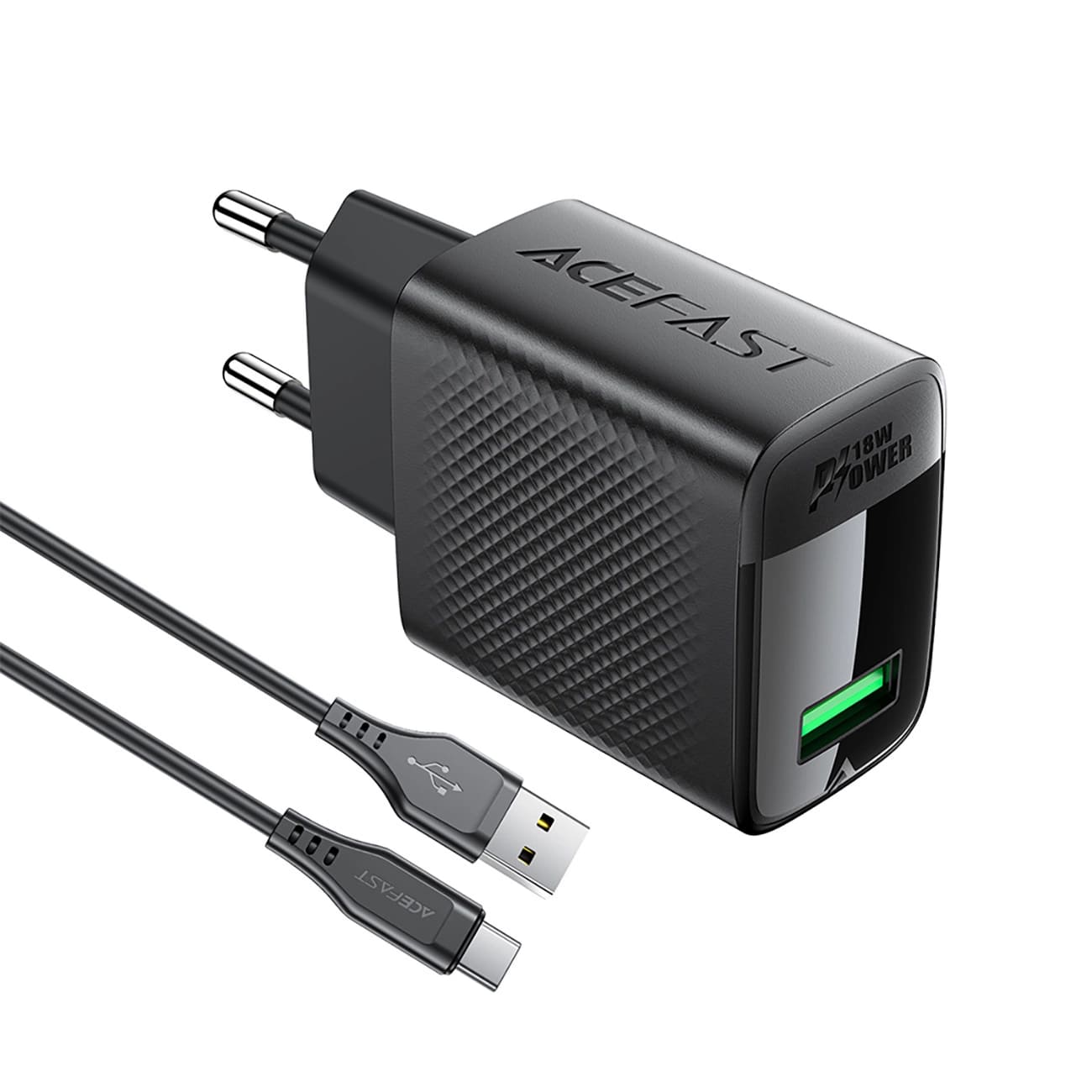 Chargeur réseau avec câble USB-C Acefast A90, 18W, 3A, 1 x USB-A, Noir