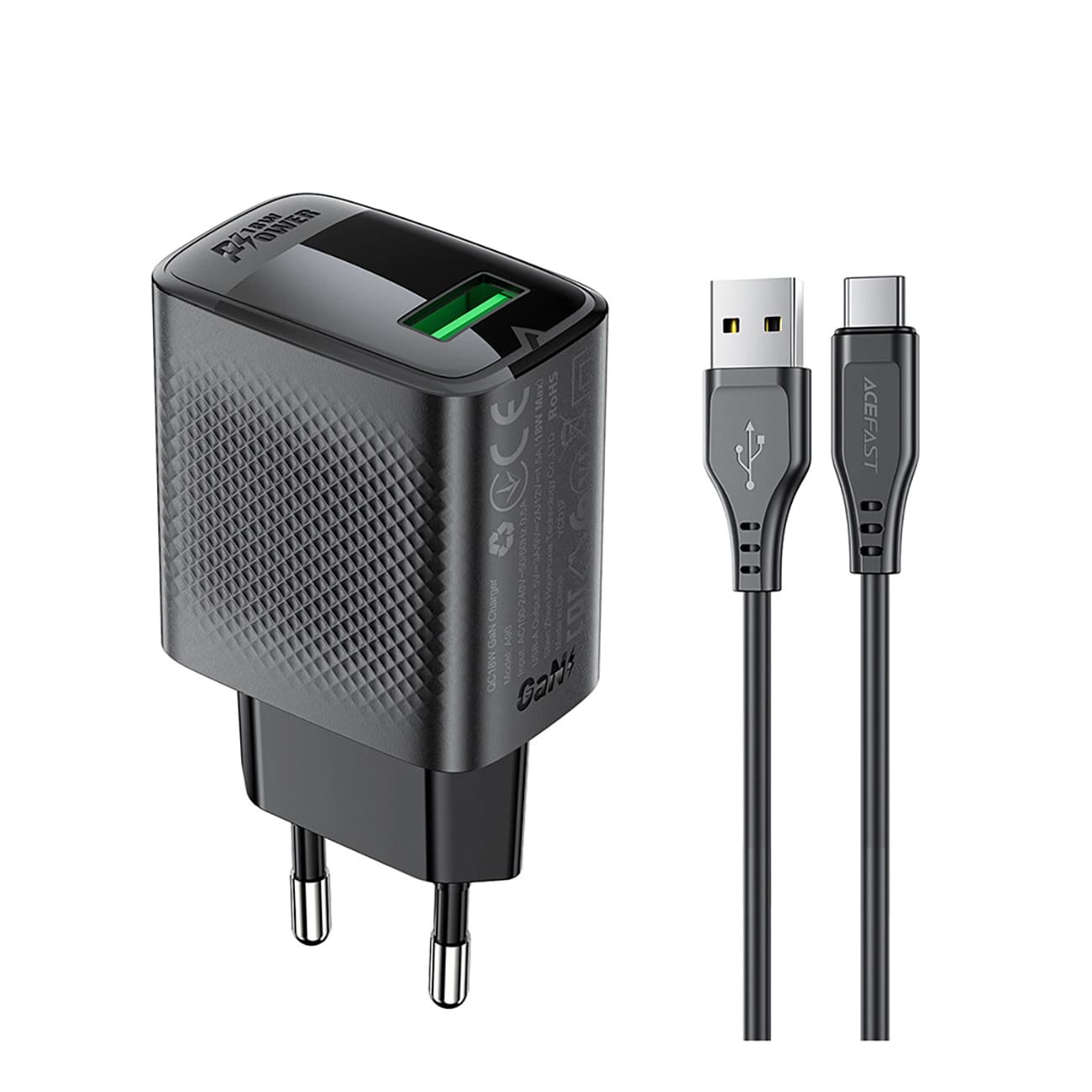 Chargeur réseau avec câble USB-C Acefast A90, 18W, 3A, 1 x USB-A, Noir