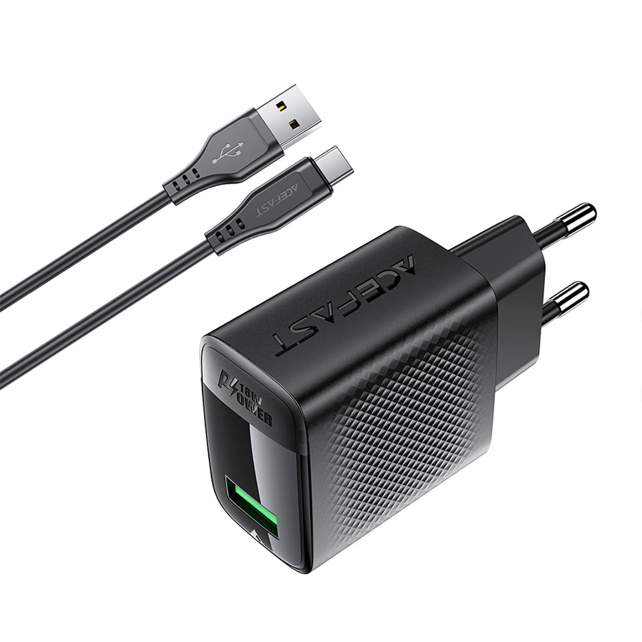 Chargeur réseau avec câble USB-C Acefast A90, 18W, 3A, 1 x USB-A, Noir