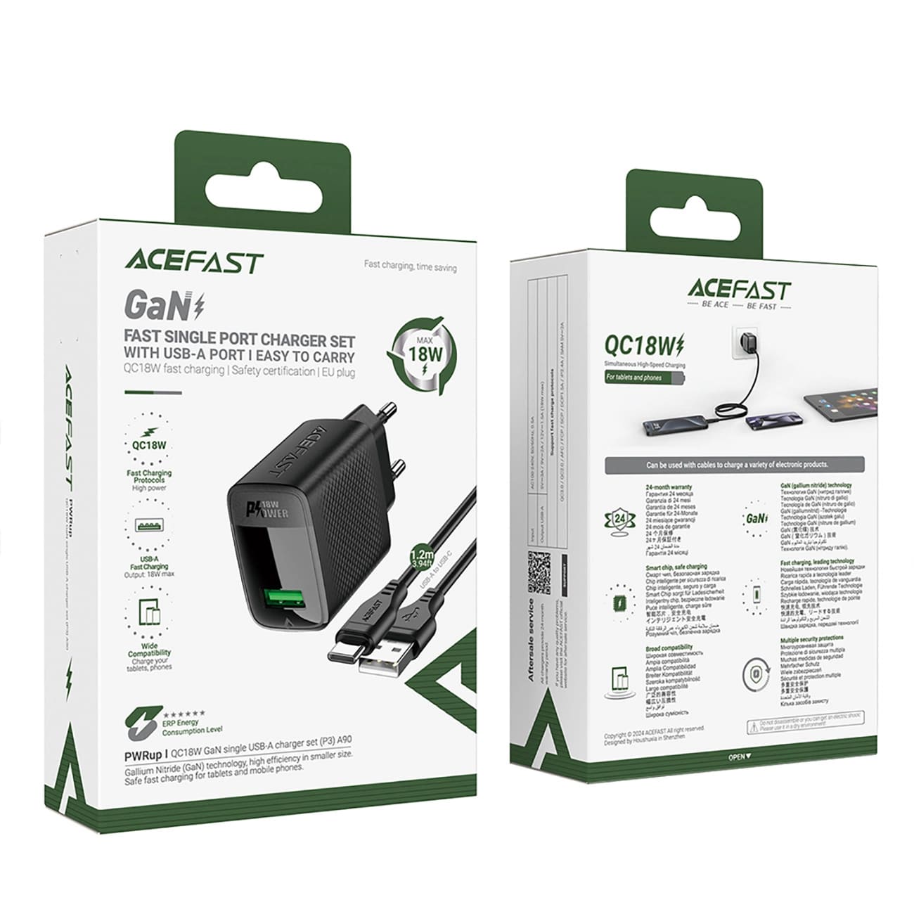 Chargeur réseau avec câble USB-C Acefast A90, 18W, 3A, 1 x USB-A, Noir