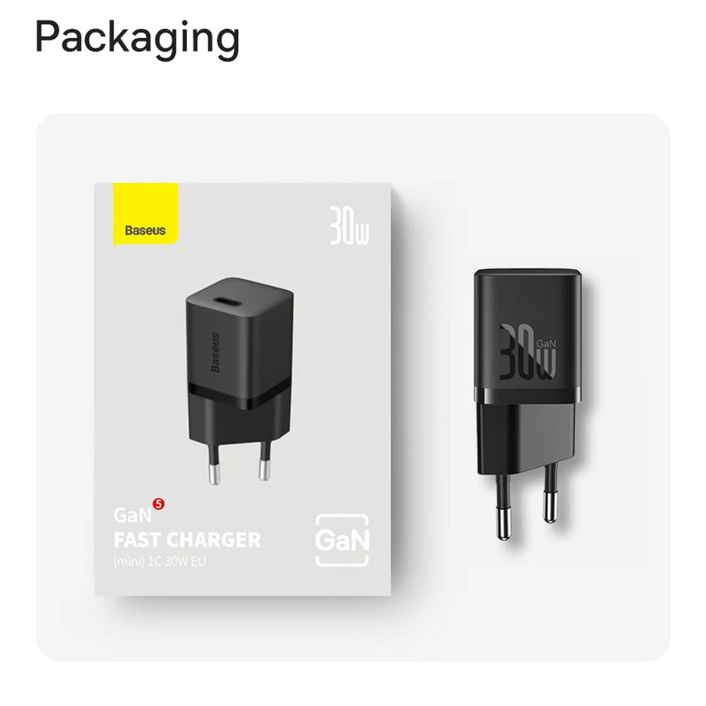 Chargeur Réseau avec Câble USB-C Baseus GaN Mini 1C, 30W, 3A, 1 x USB-C, Bleu P10110902313-00