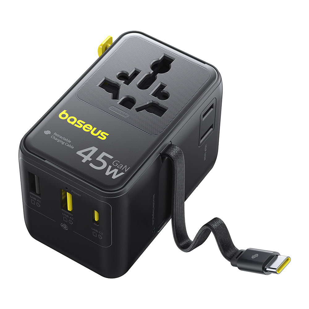 Chargeur secteur avec câble USB-C Baseus Travel PicoGo AG11, 45W, 2 x prise - 1 x USB-C - 2 x USB-A, noir E0307F00