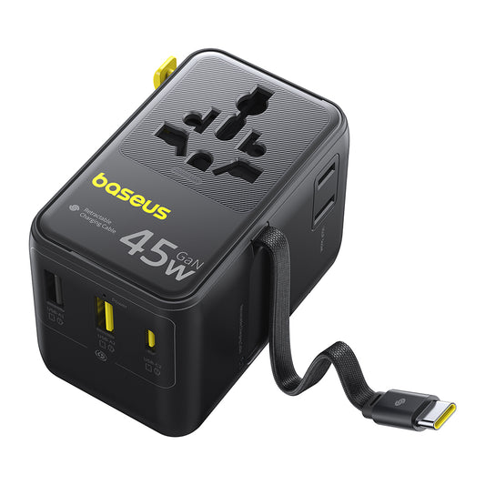 Chargeur secteur avec câble USB-C Baseus Travel PicoGo AG11, 45W, 2 x prise - 1 x USB-C - 2 x USB-A, noir E0307F00