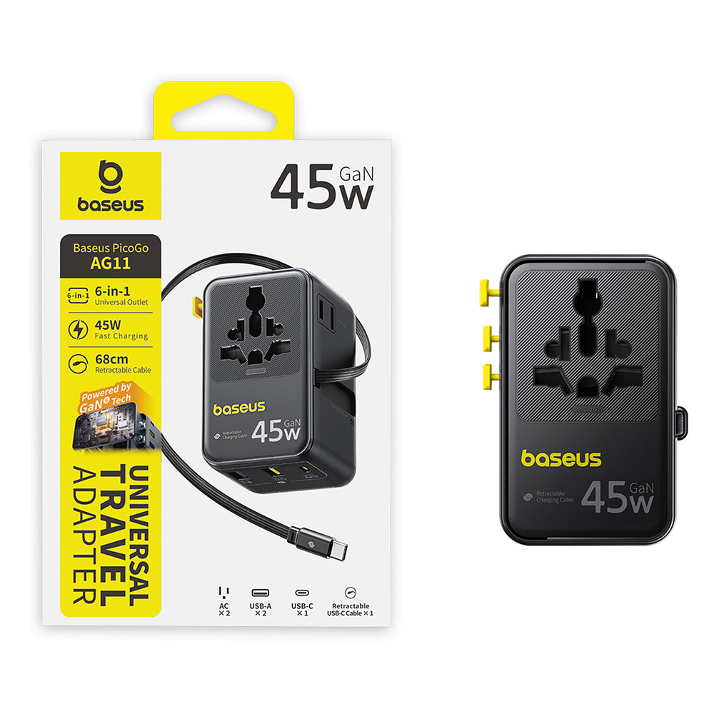 Chargeur secteur avec câble USB-C Baseus Travel PicoGo AG11, 45W, 2 x prise - 1 x USB-C - 2 x USB-A, noir E0307F00