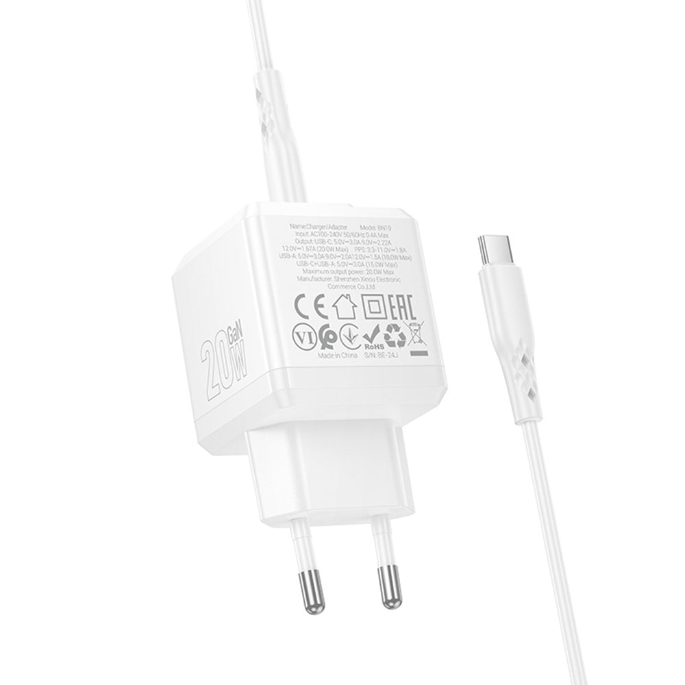 Chargeur réseau avec câble USB-C Borofone BN19 Intenso, 20W, 3A, 1 x USB-A - 1 x USB-C, Blanc