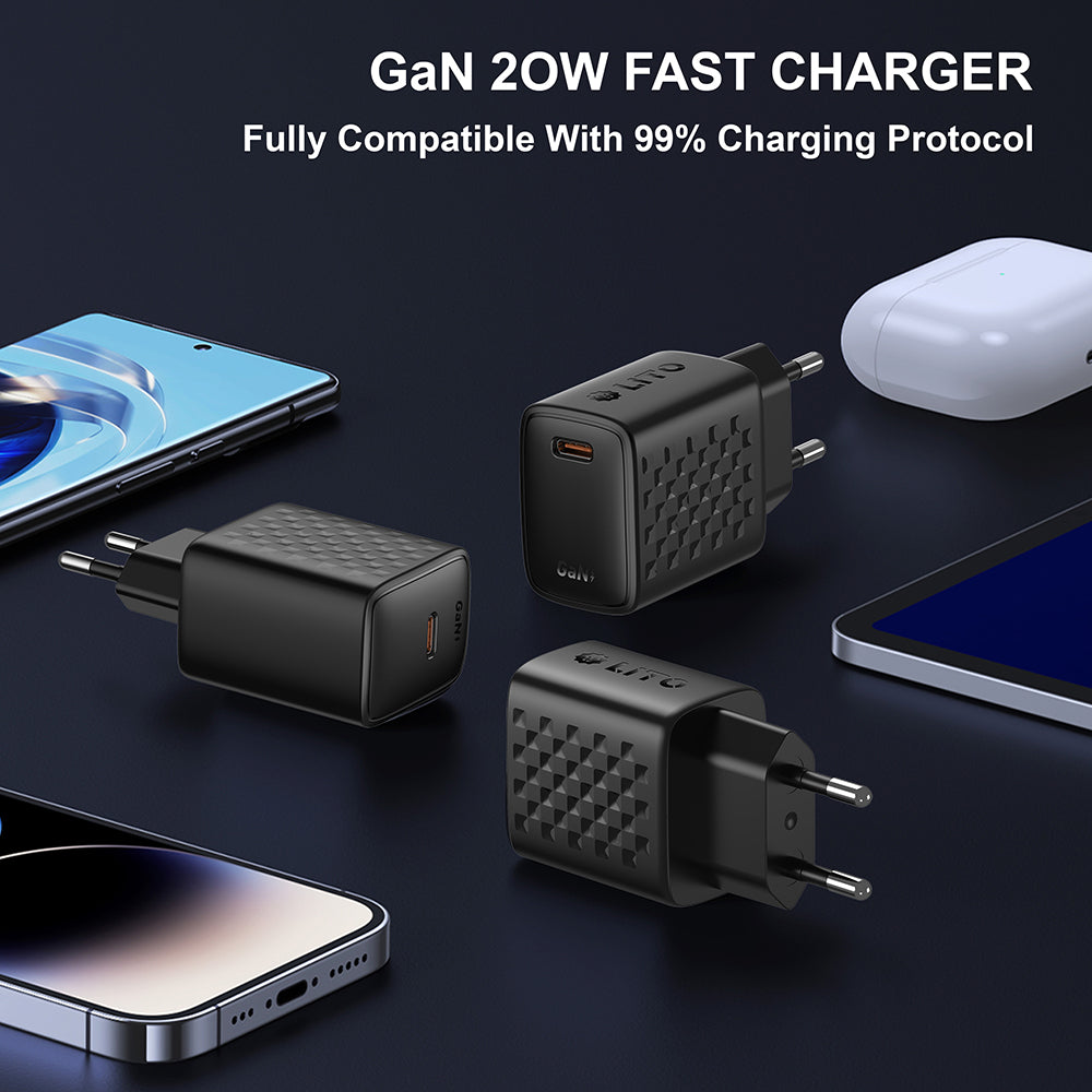 Chargeur réseau avec câble USB-C Lito LC13T, 20W, 3A, 1 x USB-C, Noir