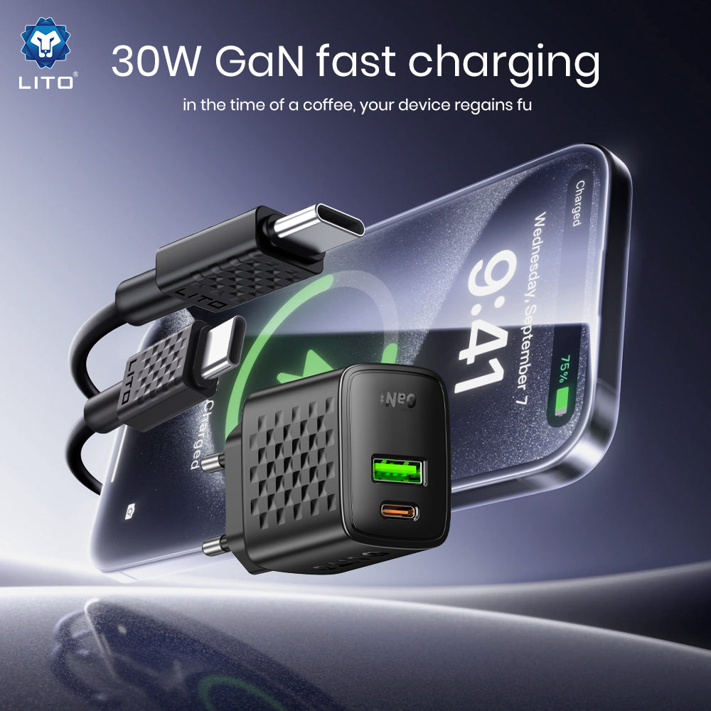 Chargeur réseau avec câble USB-C Lito LC19T, 30W, 3A, 1 x USB-A - 1 x USB-C, Noir