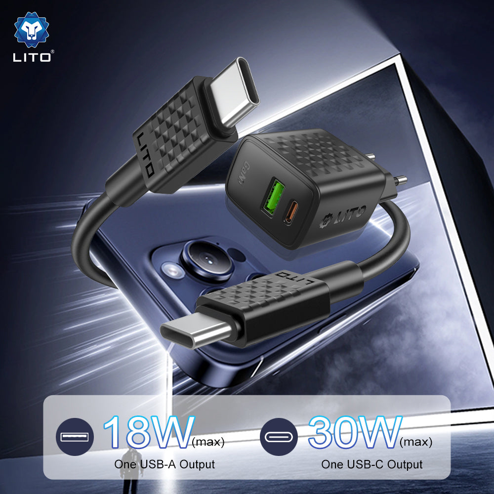 Chargeur réseau avec câble USB-C Lito LC19T, 30W, 3A, 1 x USB-A - 1 x USB-C, Noir