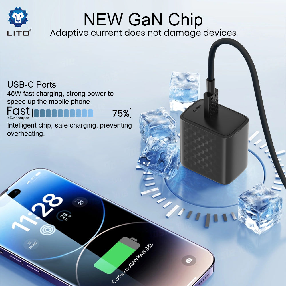 Chargeur réseau avec câble USB-C Lito LC20T, 45W, 3A, 1 x USB-C, Noir