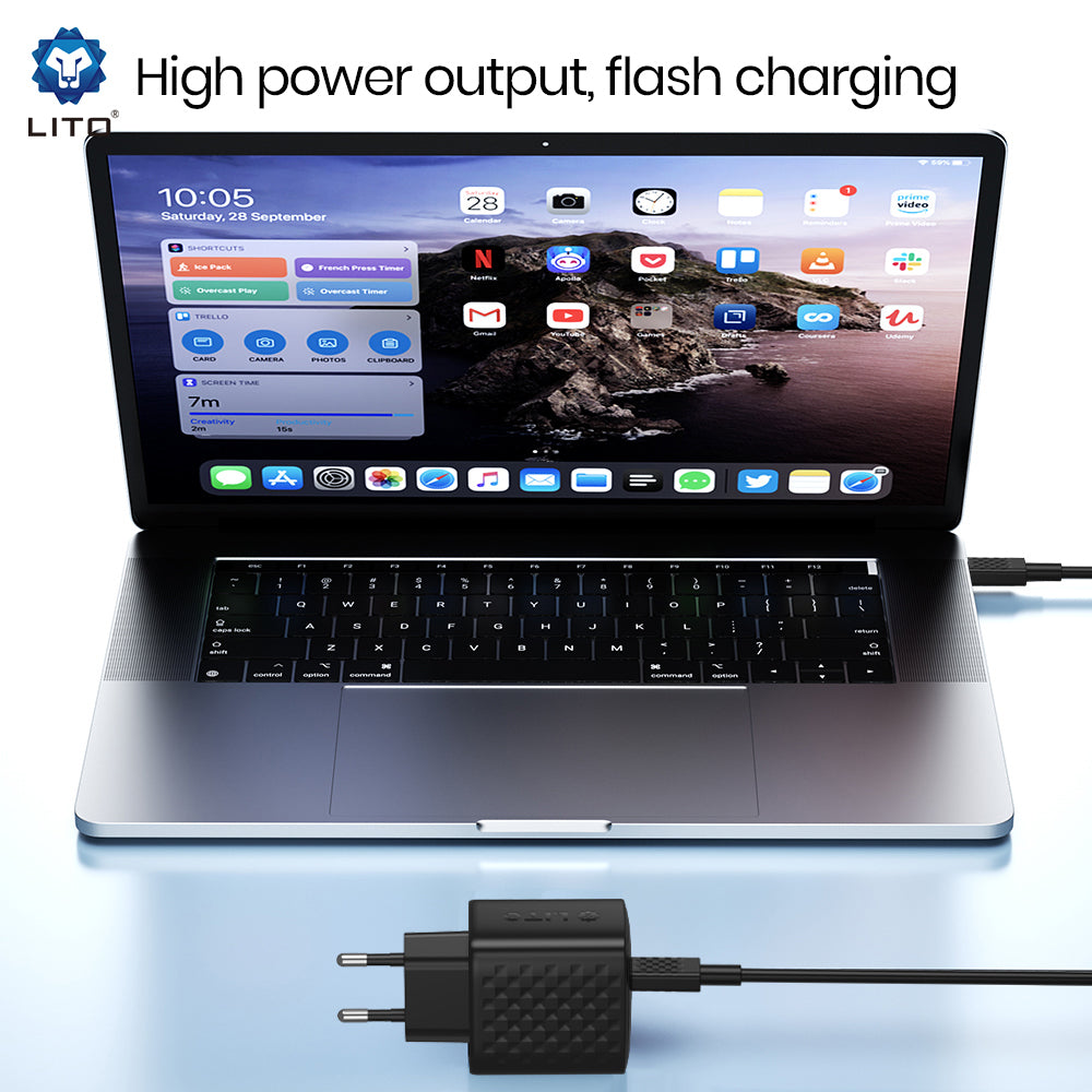 Chargeur réseau avec câble USB-C Lito LC20T, 45W, 3A, 1 x USB-C, Noir