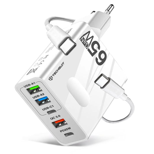 Chargeur réseau avec câble USB-C Techsuit CHC1 PentaXPower, 25W, 3A, 3 x USB-A - 2 x USB-C, Blanc