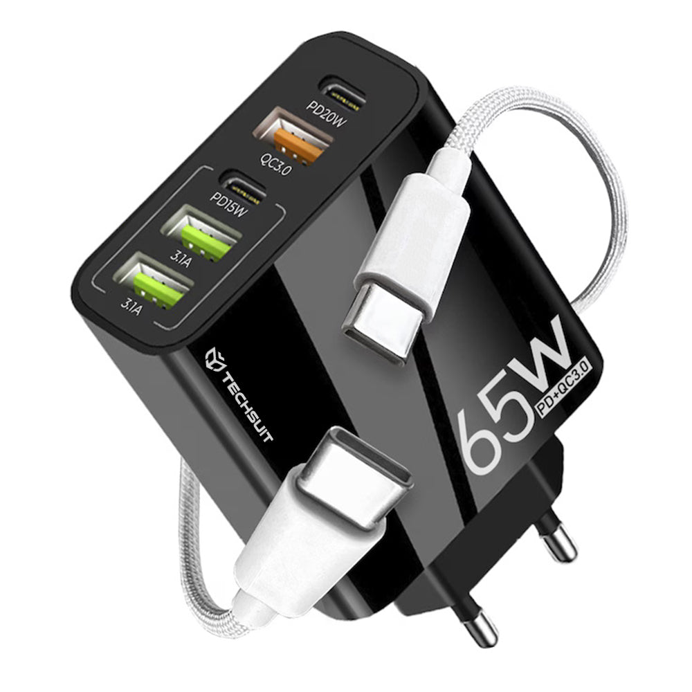 Chargeur réseau avec câble USB-C Techsuit CHC2 PentaXPower, 20W, 3A, 3 x USB-A - 2 x USB-C, Noir