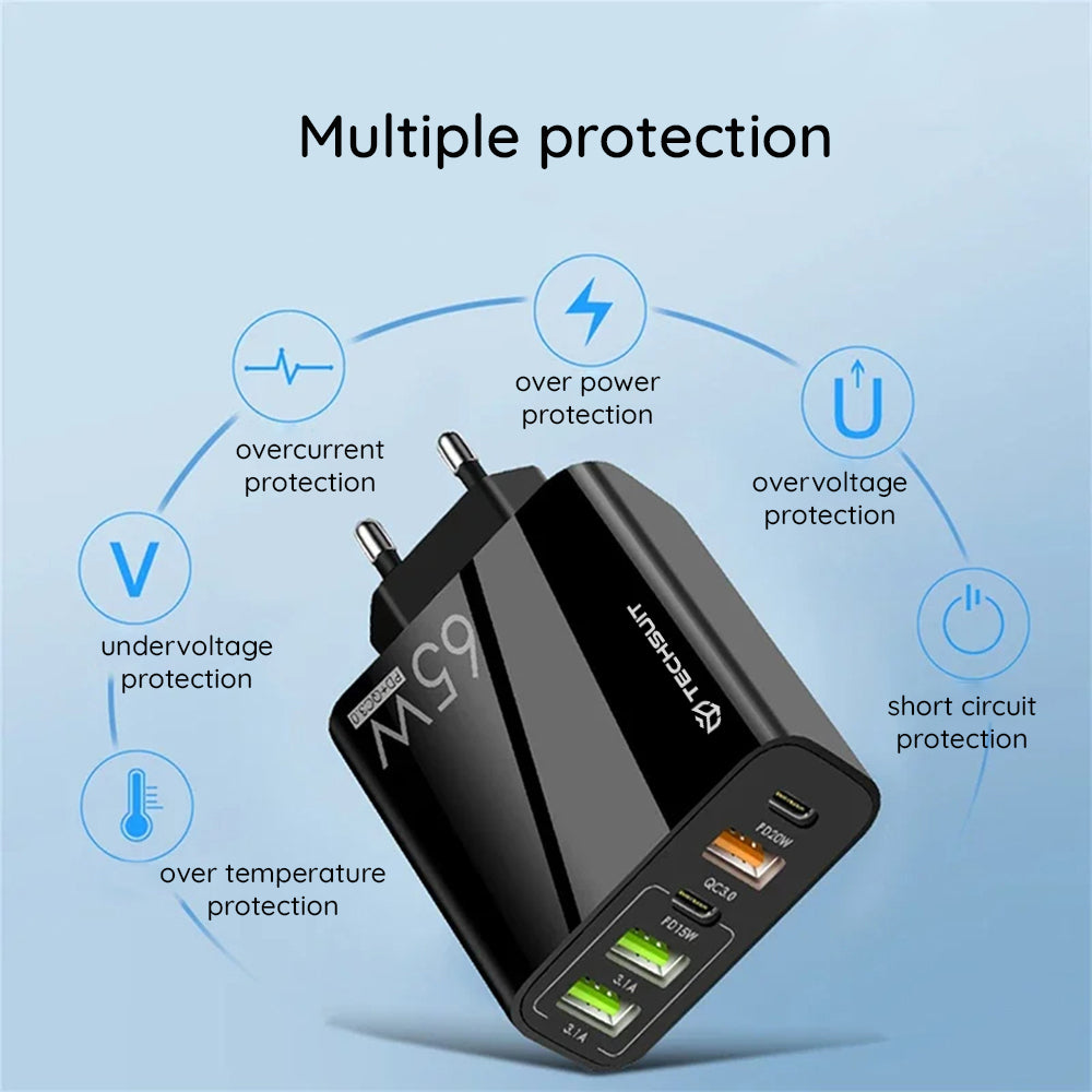 Chargeur réseau avec câble USB-C Techsuit CHC2 PentaXPower, 20W, 3A, 3 x USB-A - 2 x USB-C, Noir