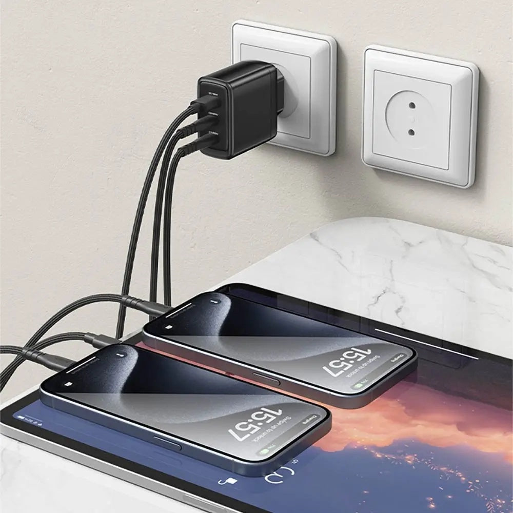 Chargeur Secteur avec Câble USB-C Yesido YC144C, 65W, 3.25A, 1 x USB-A - 2 x USB-C, Noir