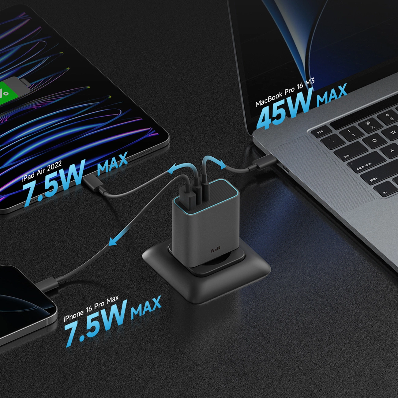 Chargeur Réseau Cuktech, 65W, 3A, 1 x USB-A - 2 x USB-C, Gris CUKAD653EUGR