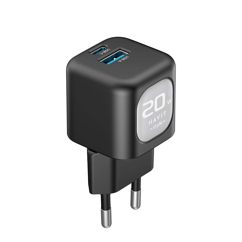 Chargeur Réseau HAVIT UC220, 20W, 3A, 1 x USB-A - 1 x USB-C, Noir Gris