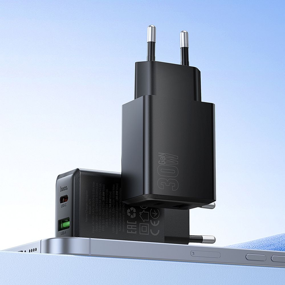Chargeur Réseau HOCO N71, 30W, 3A, 1 x USB-A - 1 x USB-C, Noir