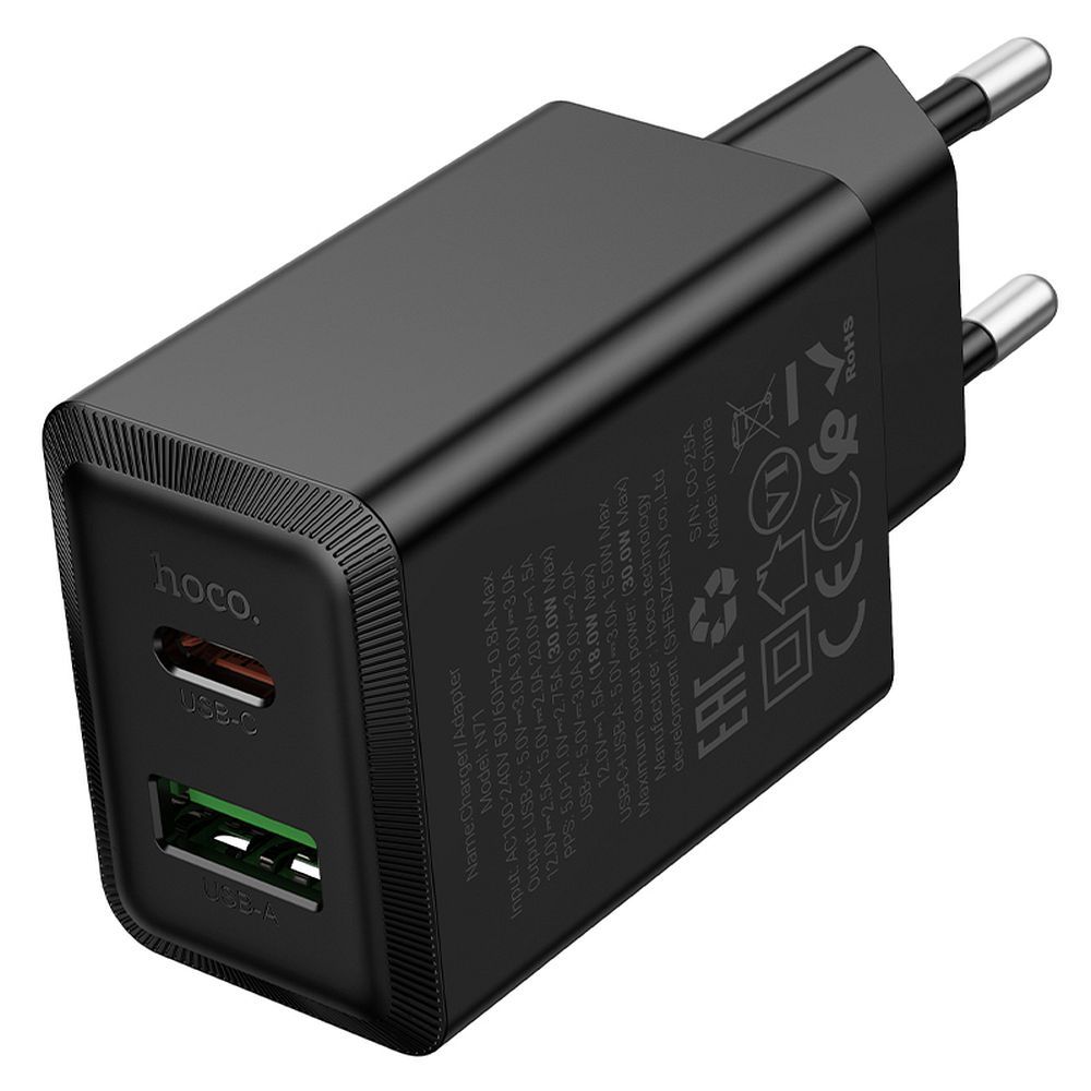 Chargeur Réseau HOCO N71, 30W, 3A, 1 x USB-A - 1 x USB-C, Noir