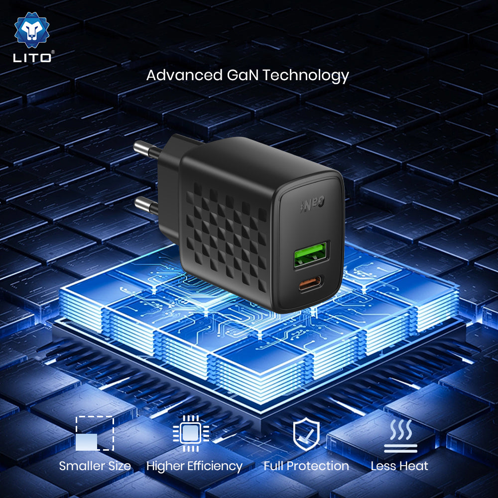 Chargeur Réseau Lito LC24, 65W, 3.25A, 1 x USB-A - 1 x USB-C, Noir