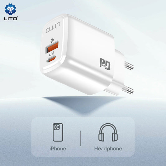 Chargeur Réseau Lito LC28, 20W, 3A, 1 x USB-A - 1 x USB-C, Blanc