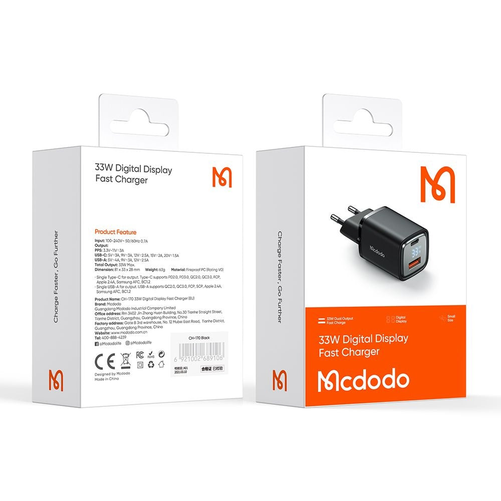 Chargeur Réseau McDodo CH-1701 Graphite Display, 33W, 3A, 1 x USB-A - 1 x USB-C, Noir