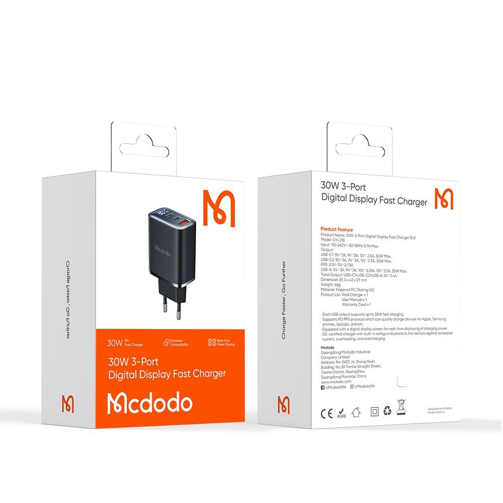 Chargeur Réseau McDodo CH-2180 Display, 30W, 3A, 1 x USB-A - 2 x USB-C, Noir
